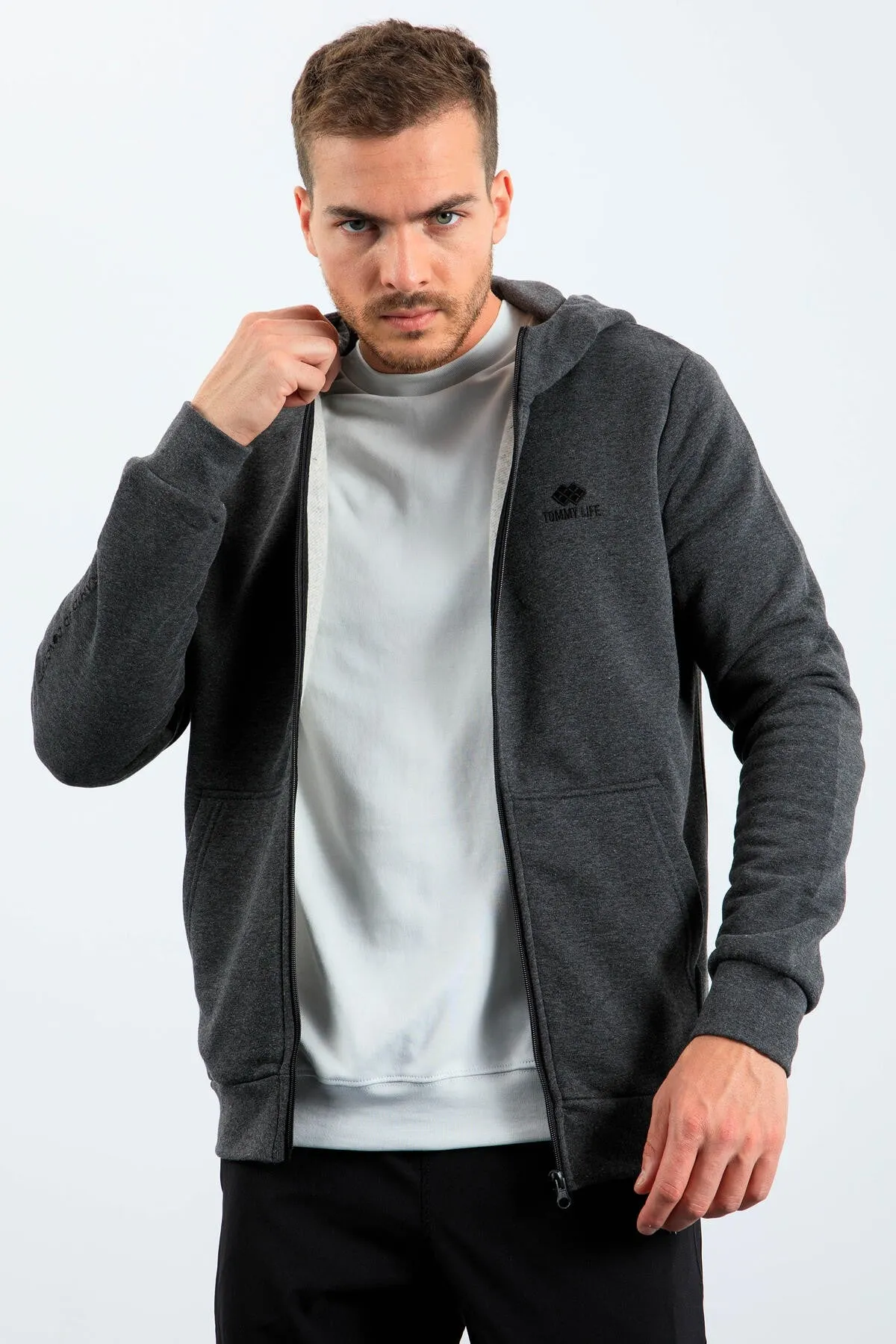 basic kapüonlu rahat form naki detayli fermuarli erkek sweatshirt - 88035
