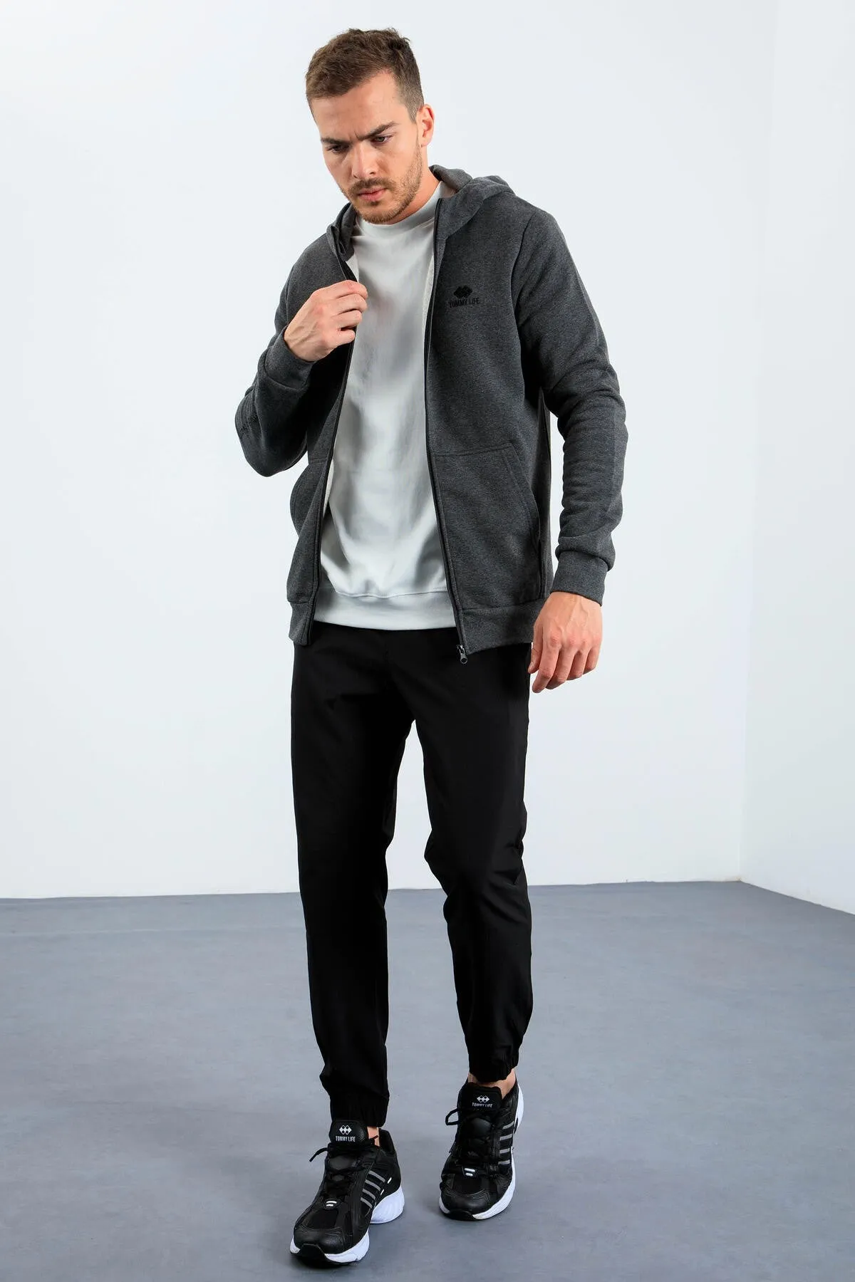 basic kapüonlu rahat form naki detayli fermuarli erkek sweatshirt - 88035