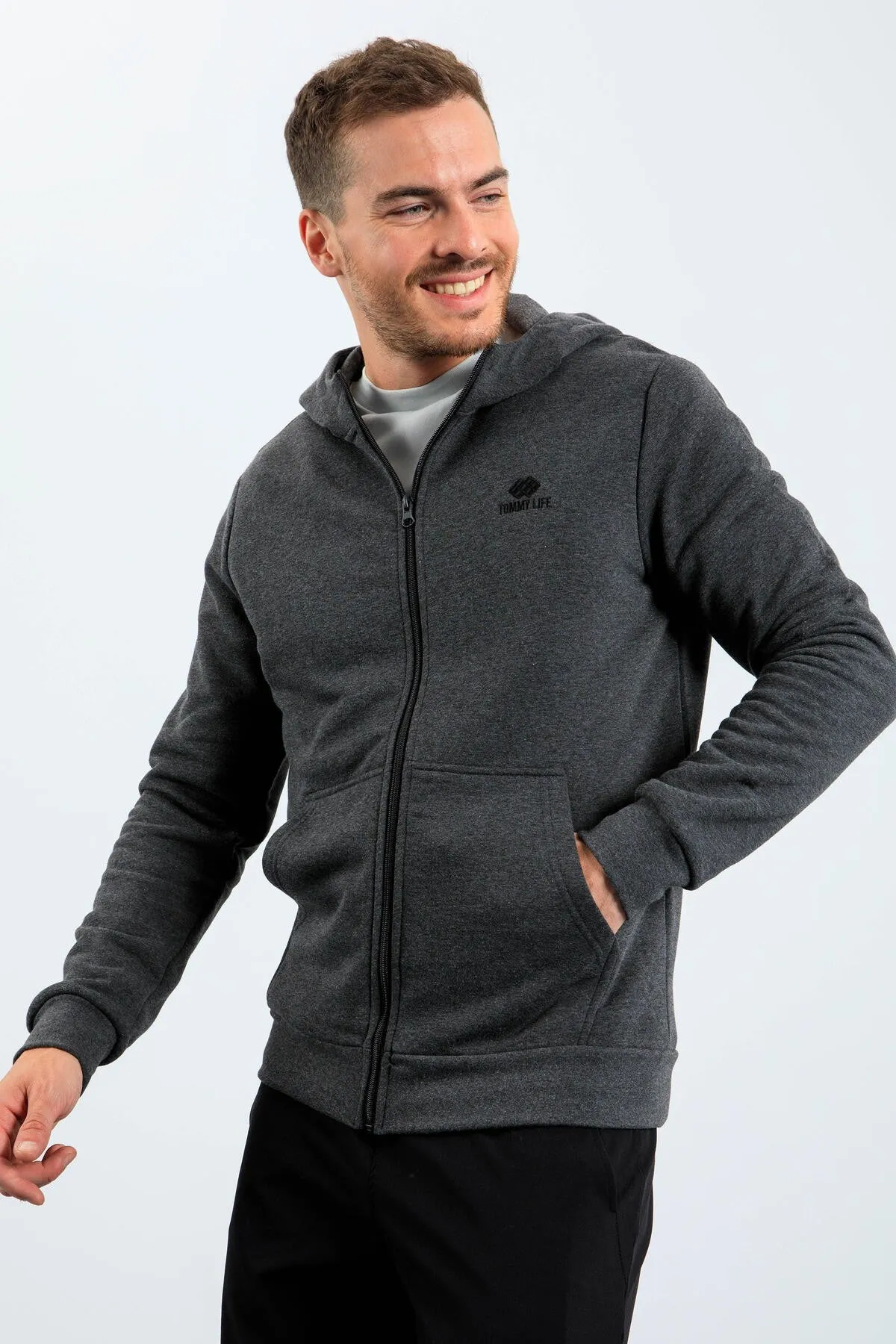 basic kapüonlu rahat form naki detayli fermuarli erkek sweatshirt - 88035