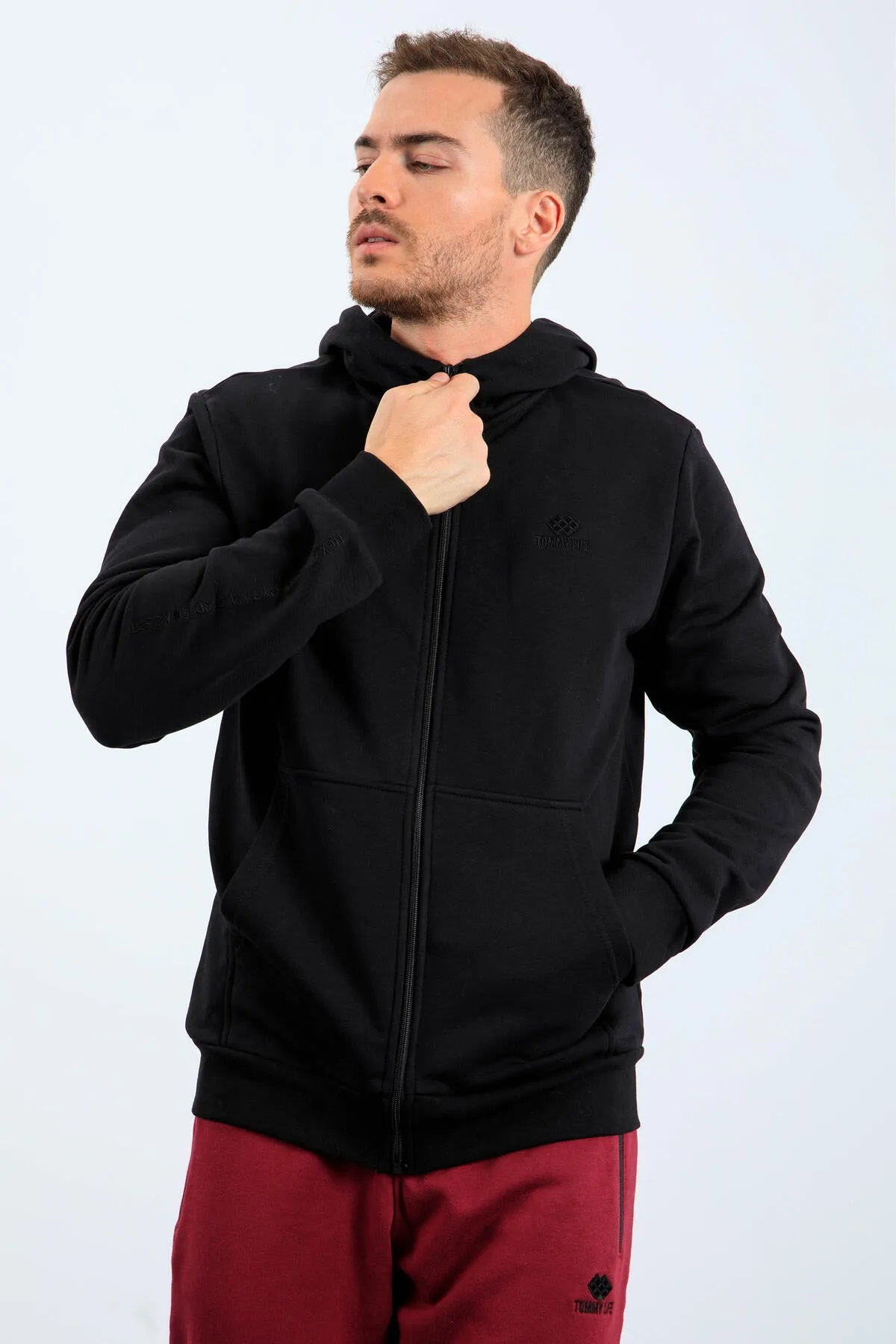 basic kapüonlu rahat form naki detayli fermuarli erkek sweatshirt - 88035