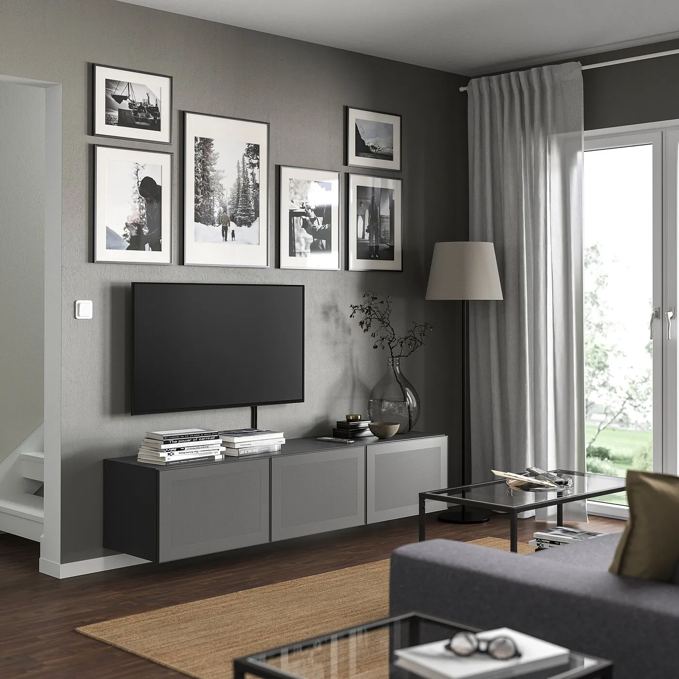 BESTÅ banc TV avec portes, gris foncé/Mörtviken gris foncé, 180x42x38 cm