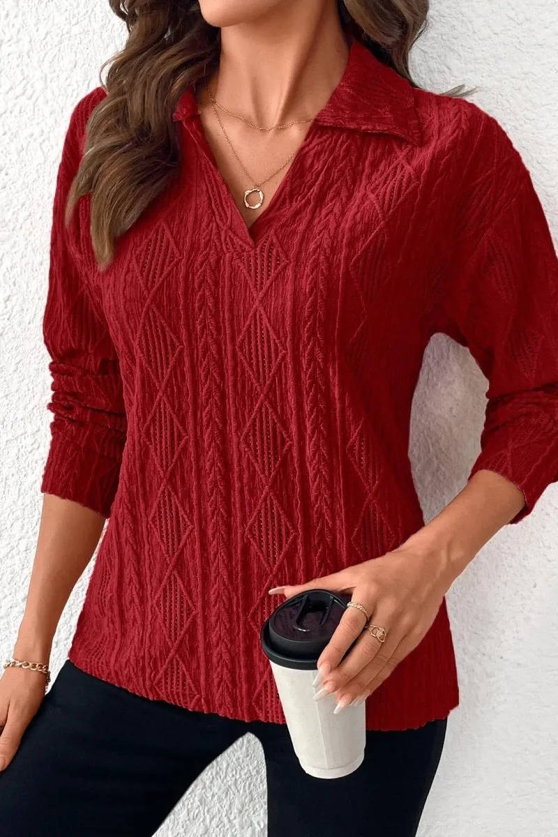 Blouse à Col Rabattu en Dentelle Rouge Vin à Manches Longues