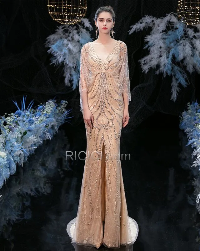 Brillante Dentelle Robe De Bal Perlage Sequin Robe De Fiancaille Longue Sirène Dos Nu Demi Manche Luxe Robe De Ceremonie