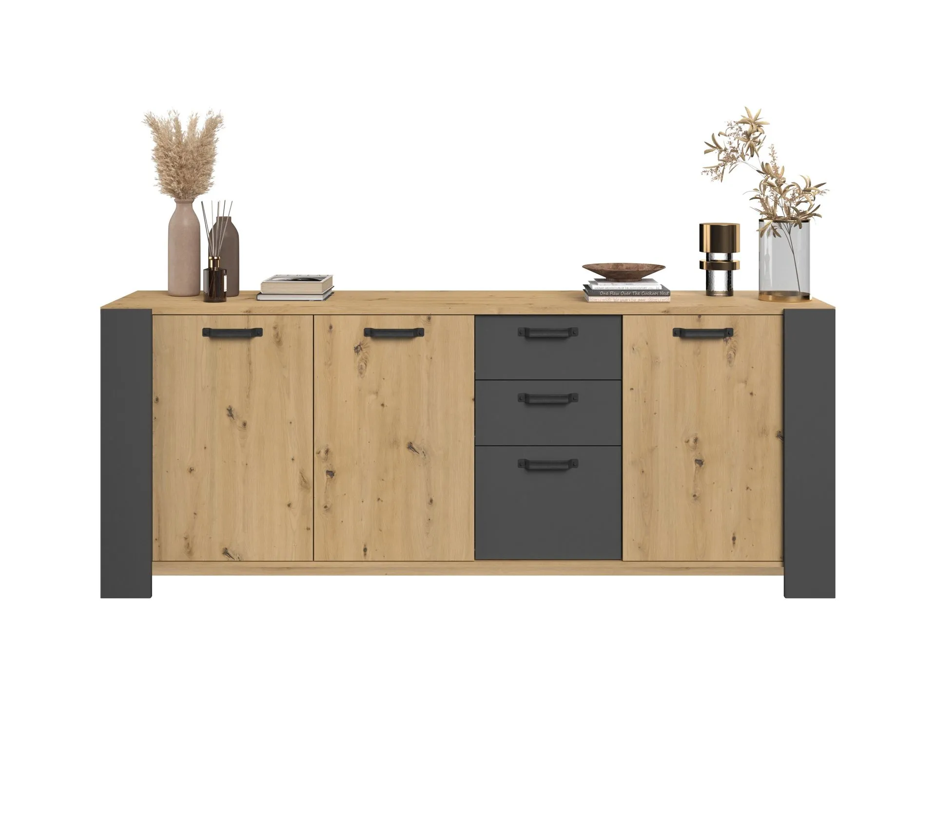 Buffet 3 portes 3 tiroirs STAN 220cm imitation chêne artisan et gris