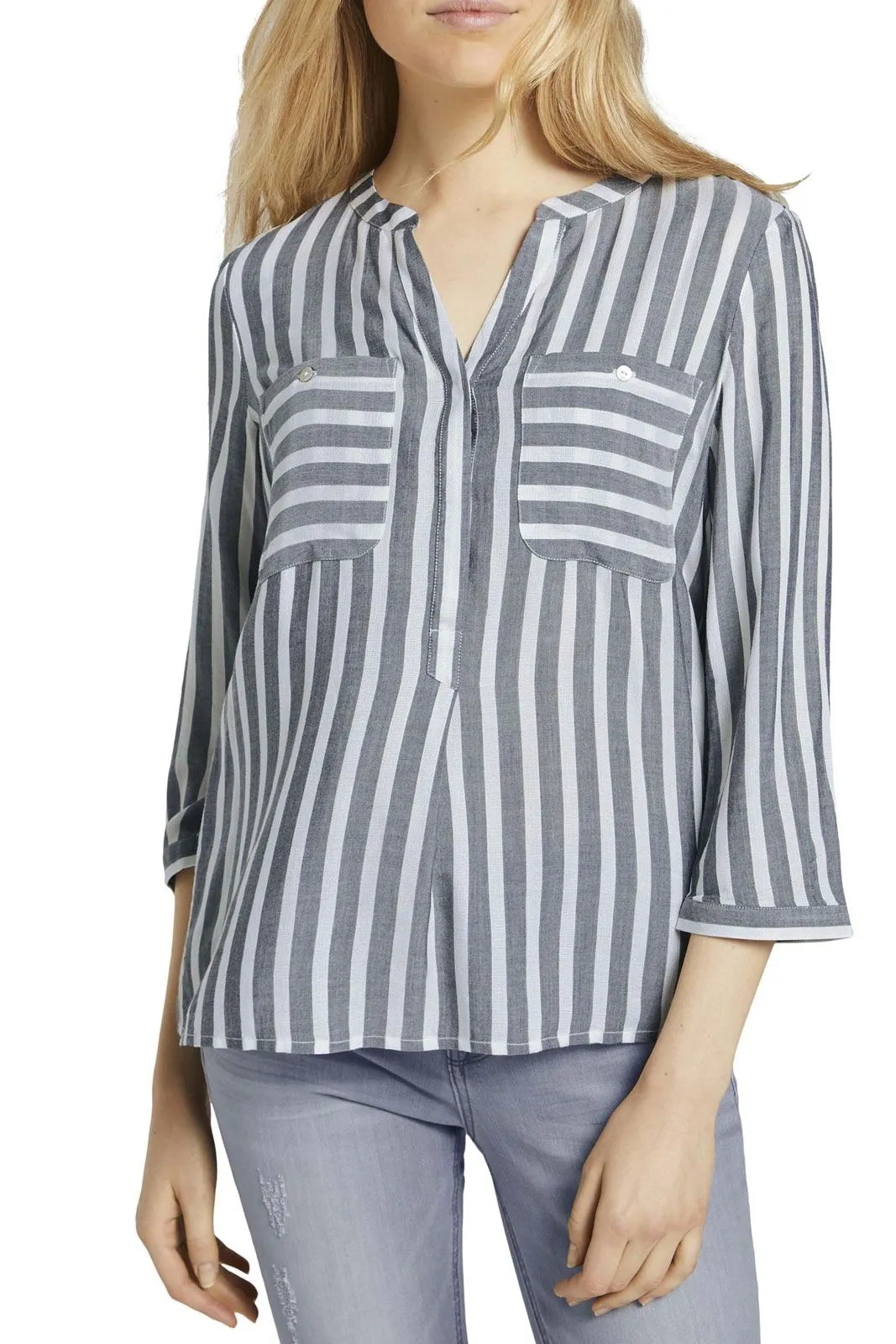 Chemisier TOM TAILOR Off White Navy Vertical Stripe 