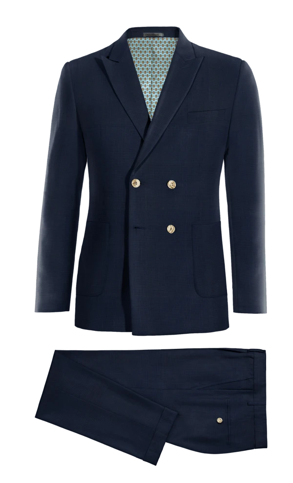 Costume bleu à pied de poule veste croisée en Laine et revers en pointe