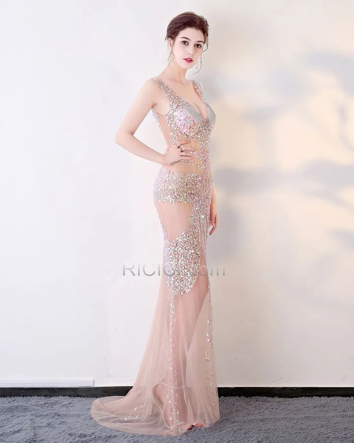 Décolleté Robe Club Paillette Robe Ceremonie Sans Manches Robe Gala Droite