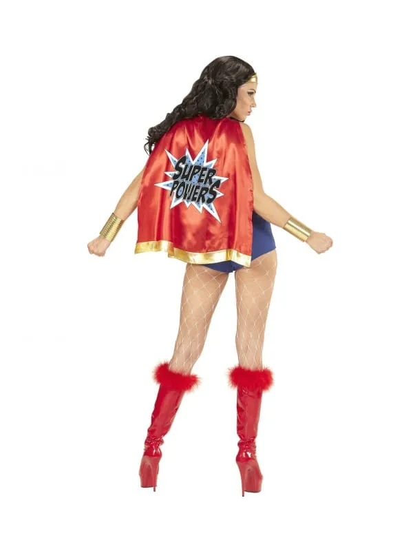 Déguisement femme super pouvoirs, rouge et bleu