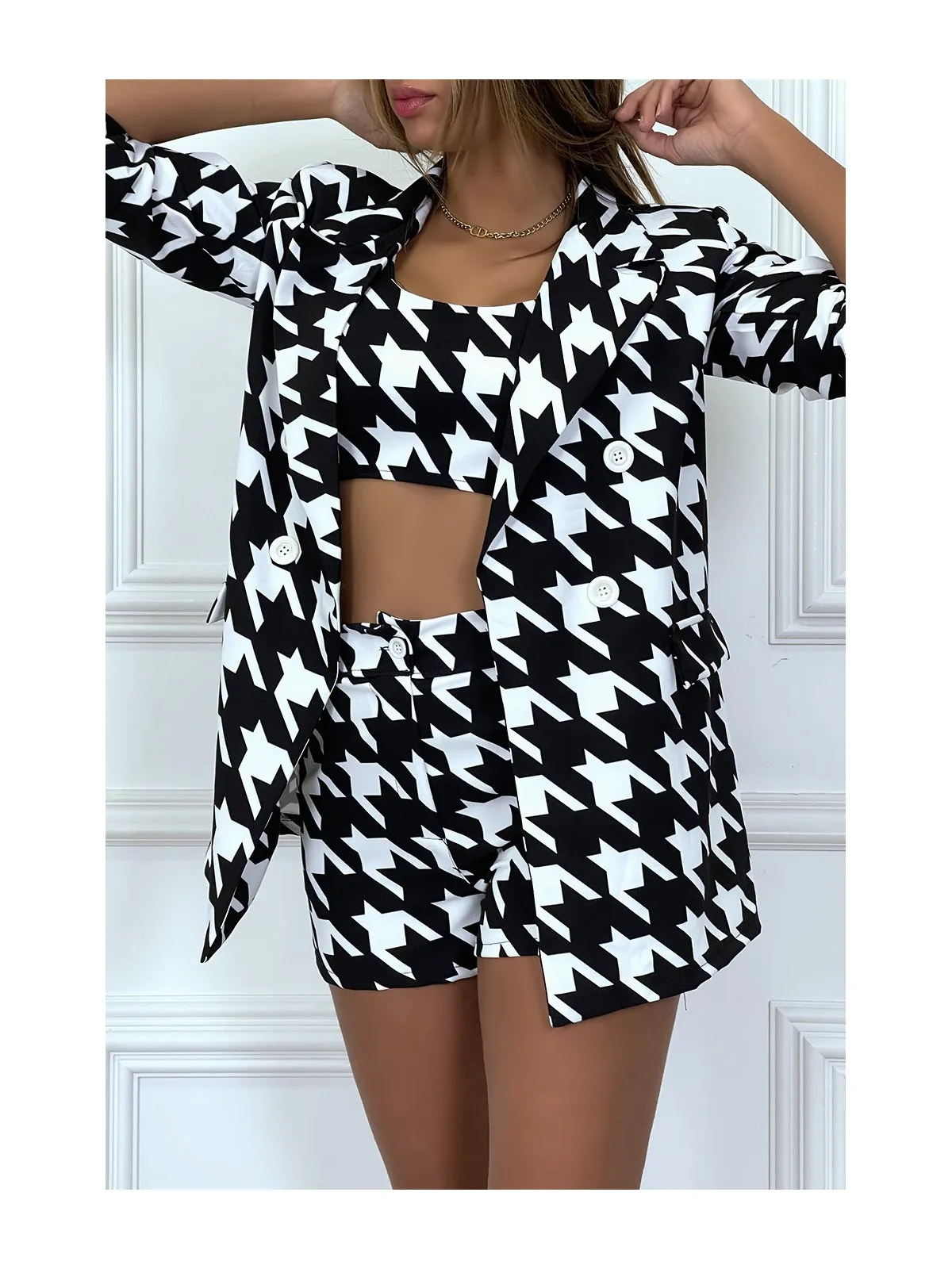 Ensemble tailleur 3 pièces noir et blanc motif pied de poule