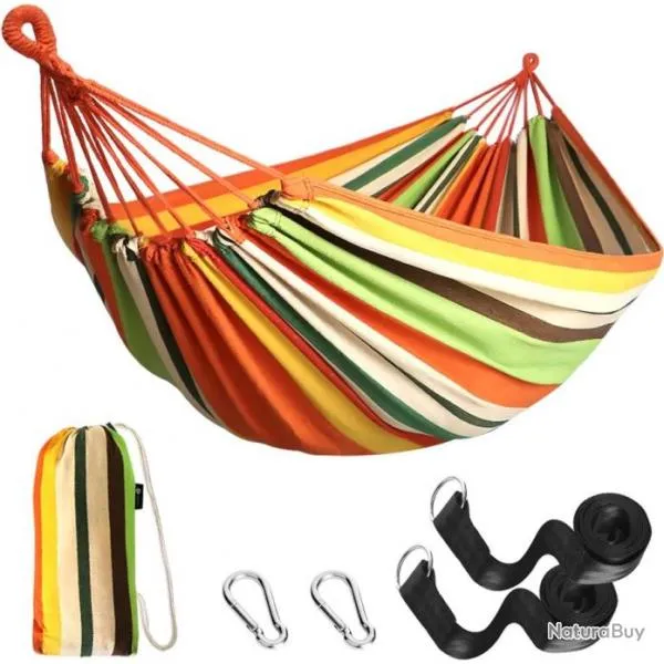 Hamac Double couchage Léger 270x150cm Tissu en Coton Extérieur Camping Orange