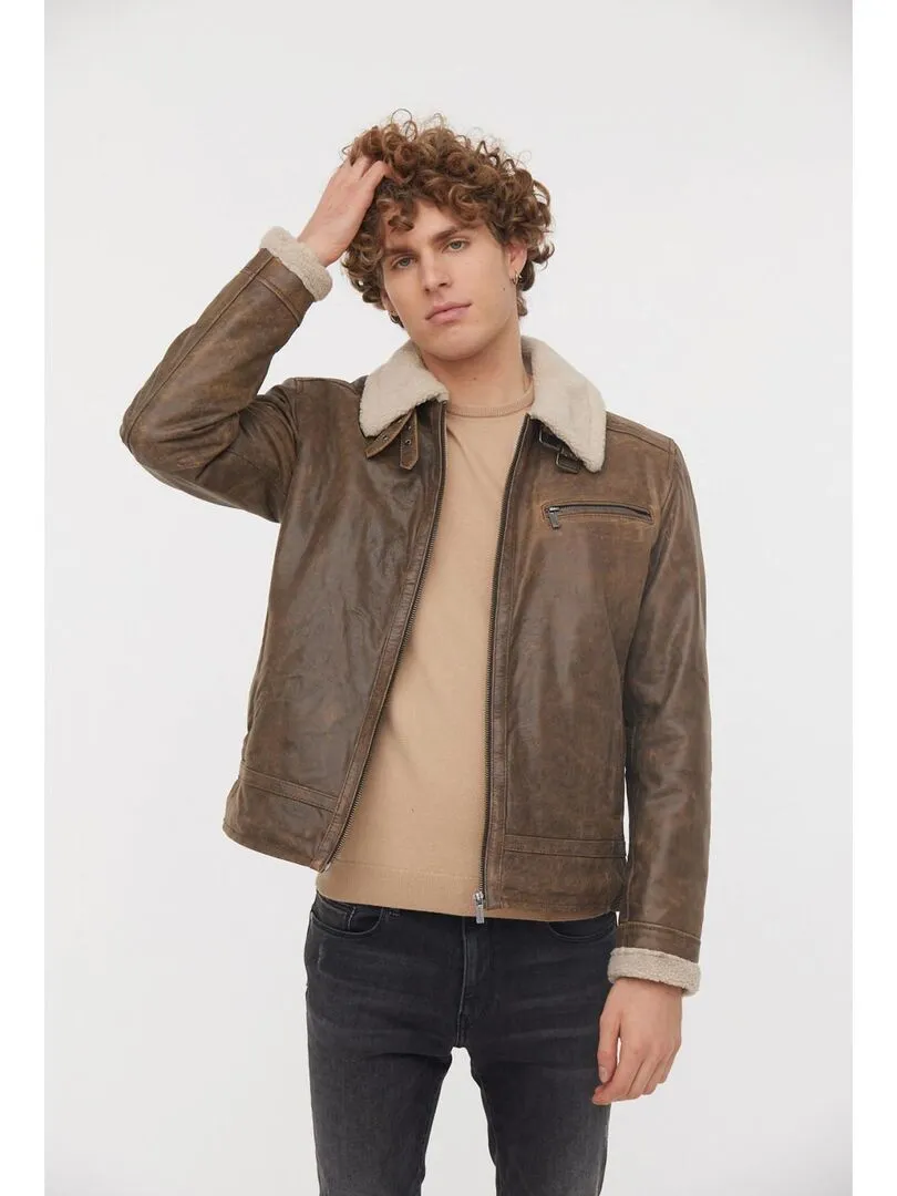 Lee Cooper - Blouson cuir  YAO - Marron foncé
