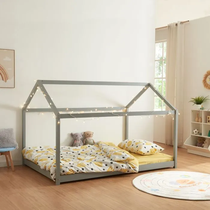 Lit cabane pour enfant Cerro bois de pin contreplaqué 140 x 200 cm gris