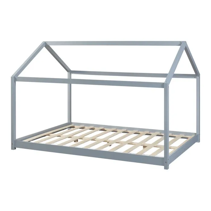 Lit cabane pour enfant Cerro bois de pin contreplaqué 140 x 200 cm gris