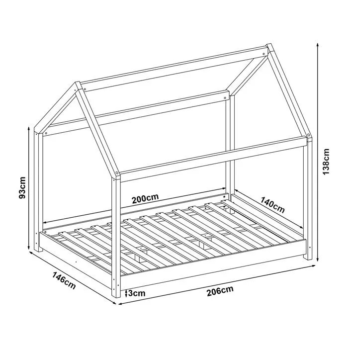 Lit cabane pour enfant Cerro bois de pin contreplaqué 140 x 200 cm gris