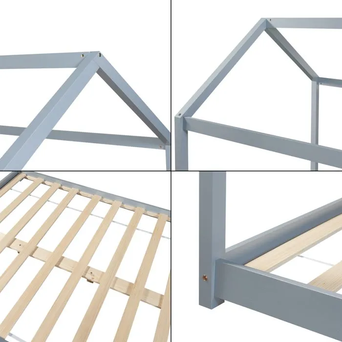 Lit cabane pour enfant Cerro bois de pin contreplaqué 140 x 200 cm gris