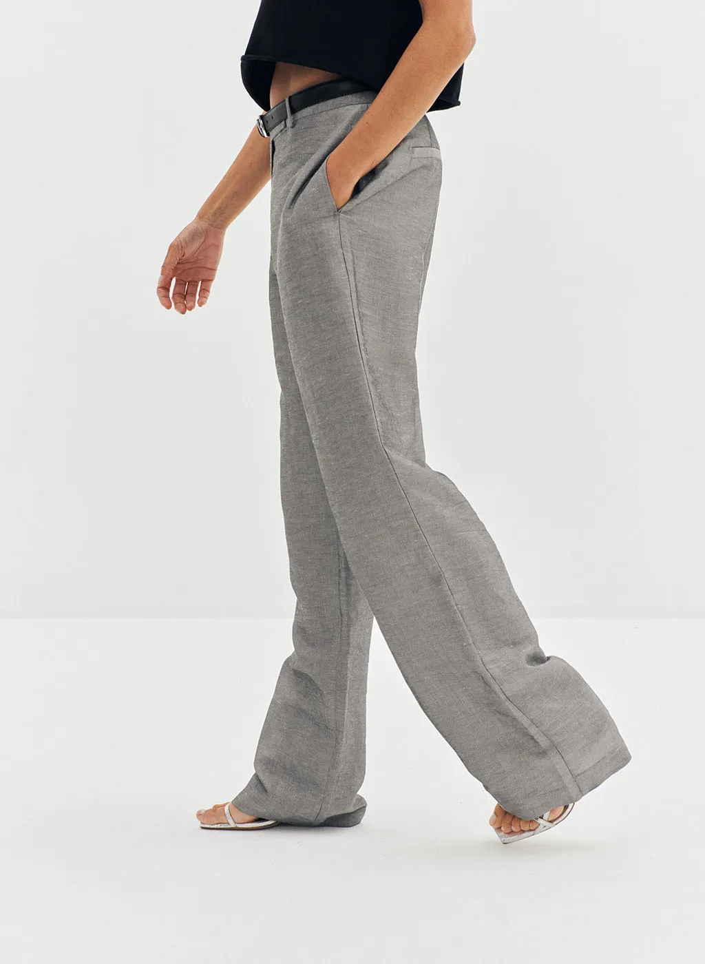 Pantalon Loca gris en lin et lurex