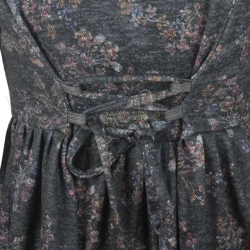 Robe ajustable maille gris foncé fleurie, petit col