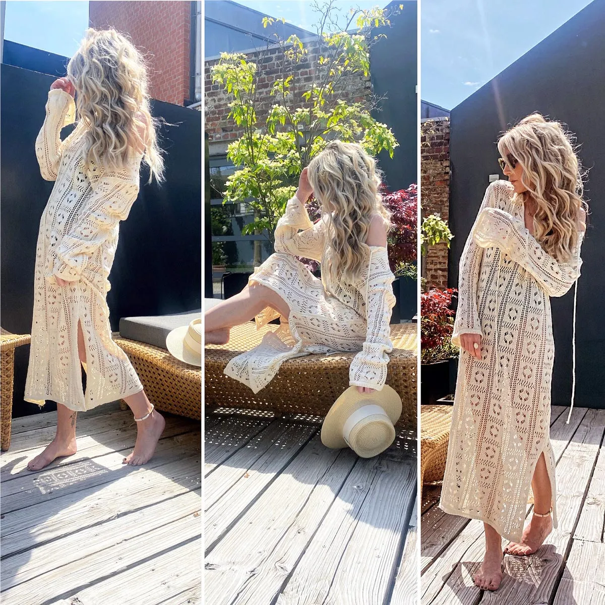 Robe beige longue crochet
