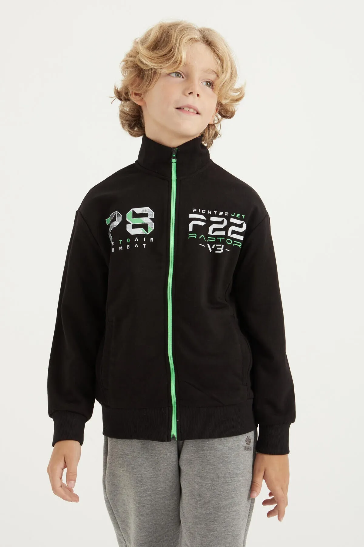 sirt baskili fermuarli dik yaka standart kalip erkek ocuk sweatshirt - 11021