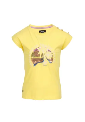 T-Shirt fille jaune boutons décoratifs sur l'épaule