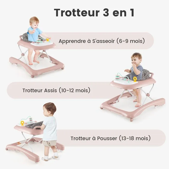 Trotteur Bébé Pliable 3 en 1 COSTWAY-3 Hauteurs Réglables-Siège Confortable Rembourré-Plateau de Jouets Amovible-24 Mois 12kg-Ro