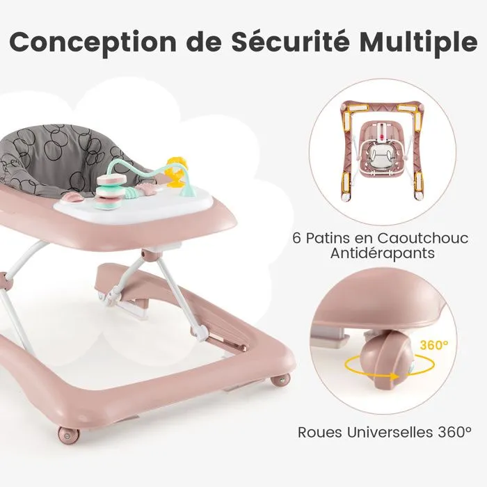 Trotteur Bébé Pliable 3 en 1 COSTWAY-3 Hauteurs Réglables-Siège Confortable Rembourré-Plateau de Jouets Amovible-24 Mois 12kg-Ro