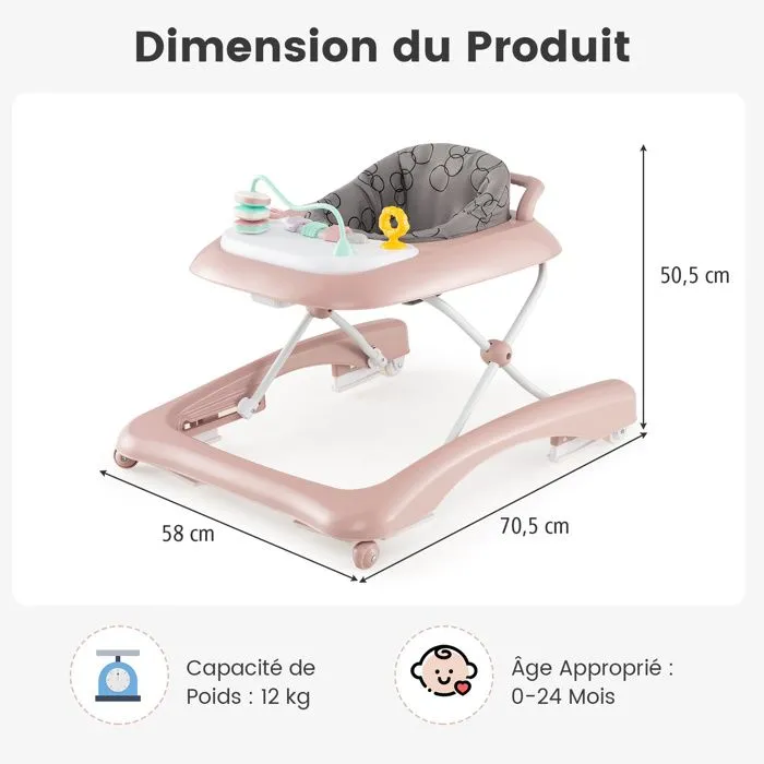 Trotteur Bébé Pliable 3 en 1 COSTWAY-3 Hauteurs Réglables-Siège Confortable Rembourré-Plateau de Jouets Amovible-24 Mois 12kg-Ro