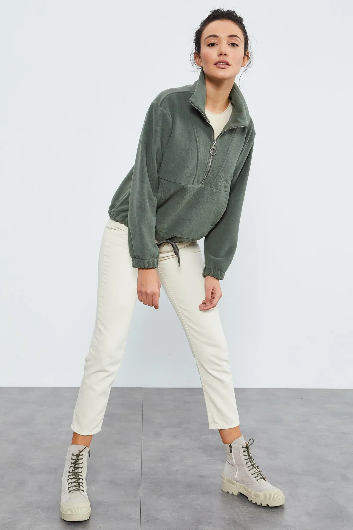 yarim fermuar etek ucu büzgülü kadin polar oversize sweatshirt - 97171